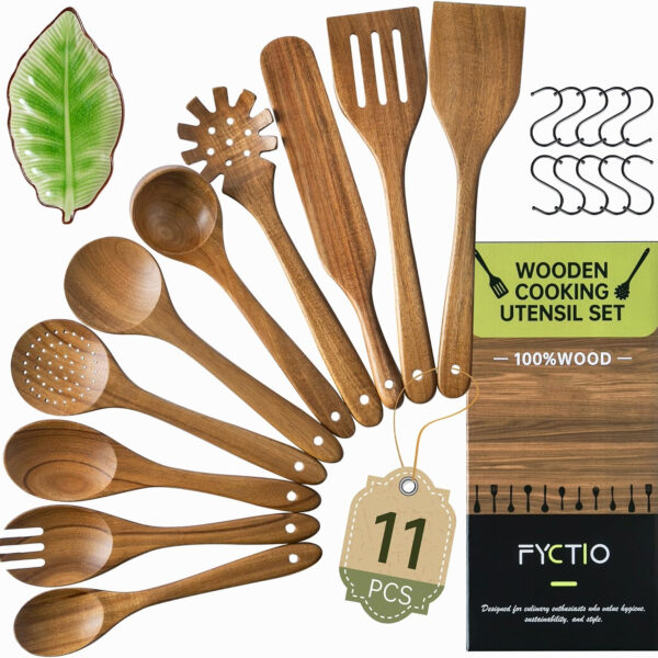 Wooden Utensil Set 12 PCS - Natural Non-Toxic Acacia Wooden Spoons for Cooking
