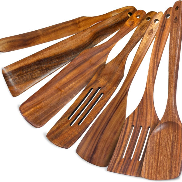 Wooden Spoons for Cooking, Natural Teak Wooden Utensils Set, 10 Piece Handmade