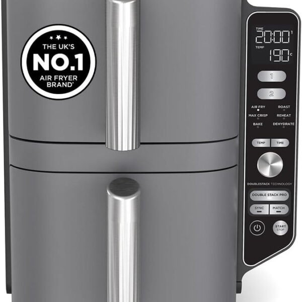 Double Stack XL Air Fryer 9.5L 2470W Vertical Dual Drawer Grey