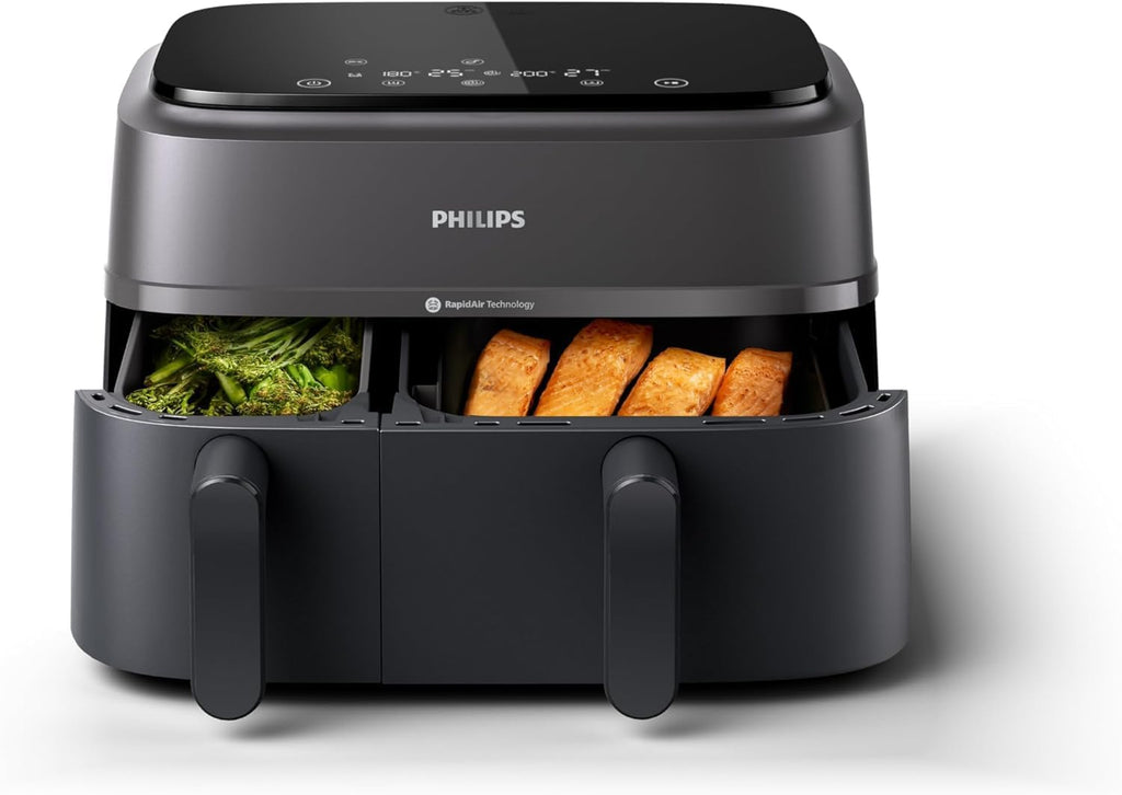 Dual Air Fryer 9L 2750W 13 Presets Digital Touchscreen Black & Silver Dual Air Fryer 9L 2750W 13 Presets Digital Touchscreen Black & Silver