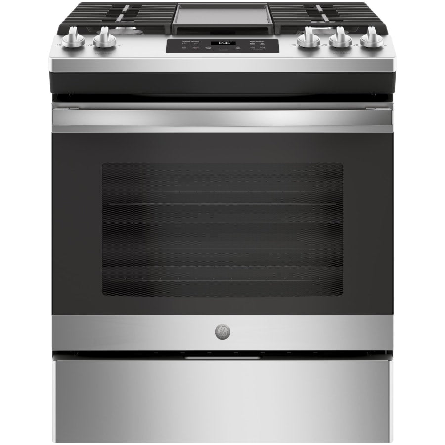 GE 30 Inch Wide 5.3 Cu. Ft. Slide In Gas Range with Integrated Non-Stick Griddle and Two Power Burners GE 30 Inch Wide 5.3 Cu. Ft. Slide In Gas Range with Integrated Non-Stick Griddle and Two Power Burners